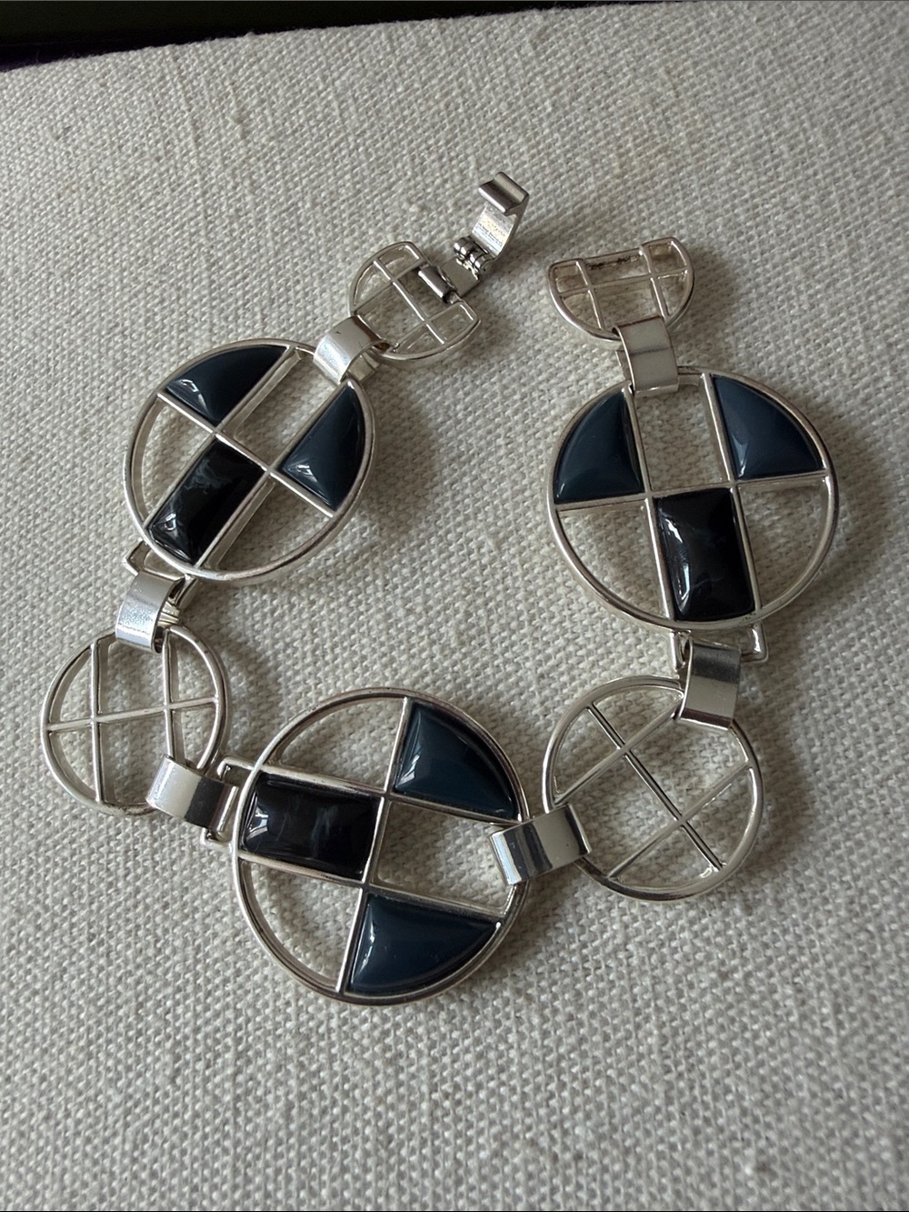 Silver Tone Linked Panel Bracelet w/Geometric Openwork & Dark Blue Marbled Inlay